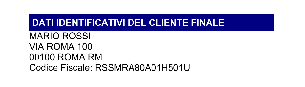 Dati anagrafici del cliente: nome, indirizzo e codice fiscale