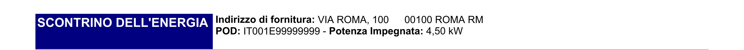 Intestazione dello scontrino con indirizzo di fornitura, POD e potenza impegnata